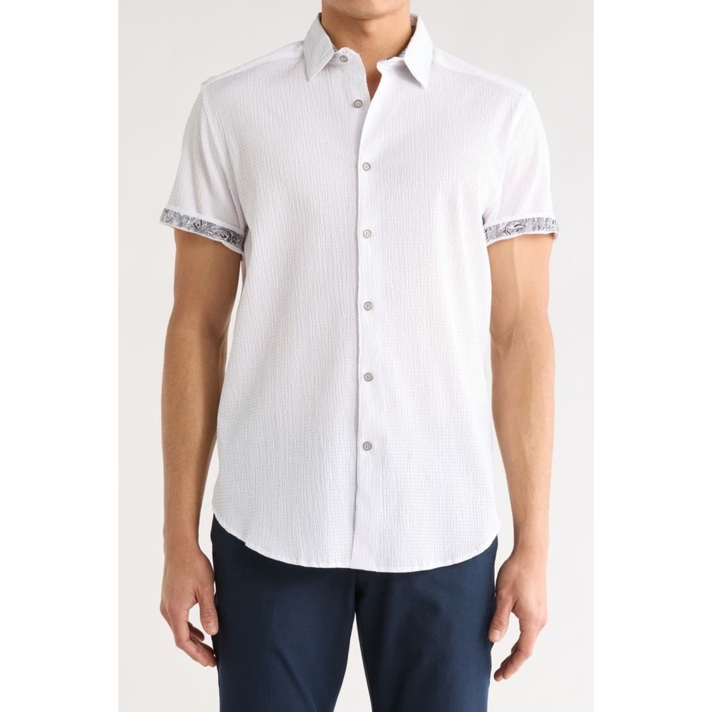 Robert Graham Piers White Textured Short Sleeve Button Shirt Sz XL Classic Fit